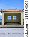 Blue sea and bus stop 116834304
