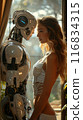 A beautiful blonde in white standing with a male robot in futuristic space ship interrior, virtual relationship with human and robots. AI Generative 116834315