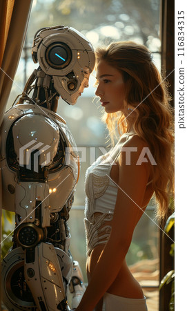 A beautiful blonde in white standing with a male robot in futuristic space ship interrior, virtual relationship with human and robots. AI Generative A beautiful blonde in white standing with a male robot in futuristic space ship interrior, virtual relationship with human and robots. AI Generative 116834315