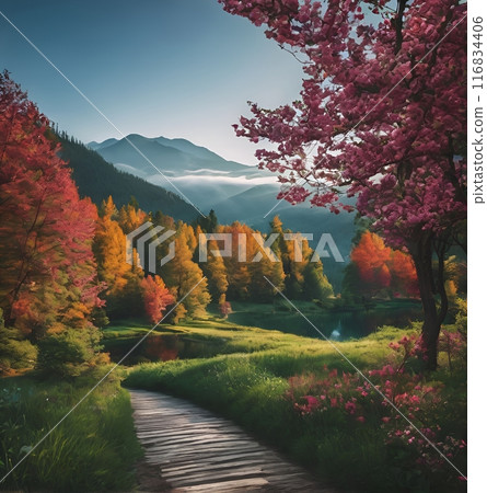 A wooden path in a forest with trees and mountains in the background 116834406