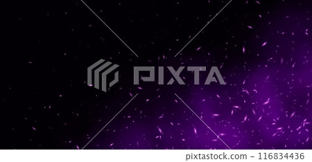 Purple flame with sparks, fire with flying cinder, abstract glowing embers, heat sparkles. 116834436