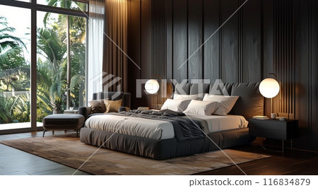 Modern Bedroom With Large Window And Tropical View 116834879