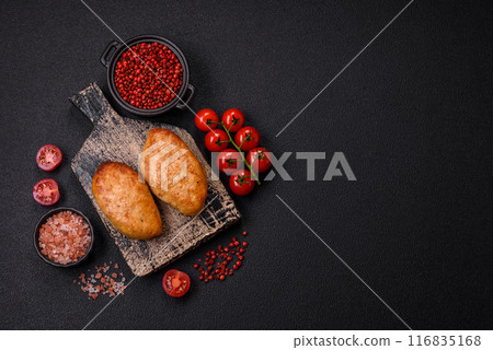 Delicious fresh fried minced fish cutlets with spices and herbs Delicious fresh fried minced fish cutlets with spices and herbs 116835168