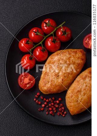 Delicious fresh fried minced fish cutlets with spices and herbs 116835177