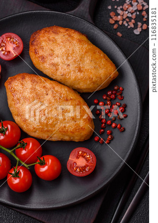 Delicious fresh fried minced fish cutlets with spices and herbs 116835181