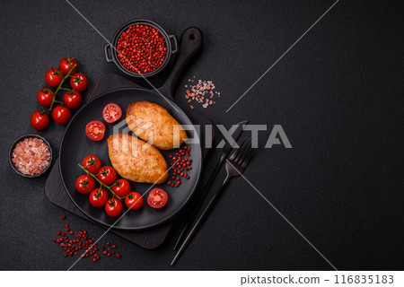 Delicious fresh fried minced fish cutlets with spices and herbs Delicious fresh fried minced fish cutlets with spices and herbs 116835183