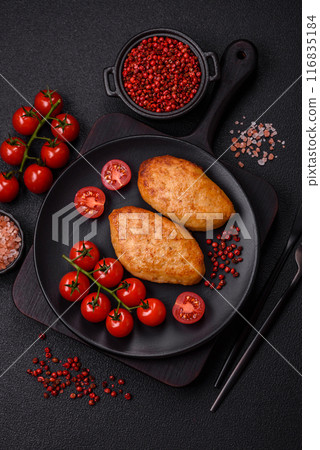 Delicious fresh fried minced fish cutlets with spices and herbs 116835184