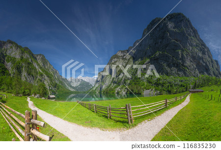 Mountain valley with tracks near Obersee lake in Berchtesgaden National Park 116835230