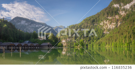 Passenger boat station, pier or dock on Konigsee lake in Berchtesgaden, Germany 116835236