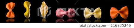Set of different type of pasta isolated on black background Set of different type of pasta isolated on black background 116835249