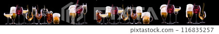 Different alcohol cocktails like beer, martini, soda, champagne, whiskey Different alcohol cocktails like beer, martini, soda, champagne, whiskey 116835257
