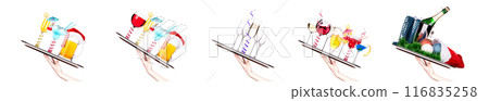 Hand holding tray with different alcohol cocktails isolated on white background Hand holding tray with different alcohol cocktails isolated on white background 116835258