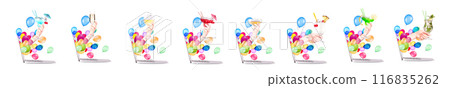 Laptop side view. Cocktail drinks toasting to show success with balloons Laptop side view. Cocktail drinks toasting to show success with balloons 116835262