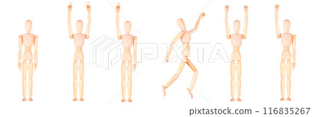 Assortment of wooden mannequins in different stances, isolated on white backdrop Assortment of wooden mannequins in different stances, isolated on white backdrop 116835267