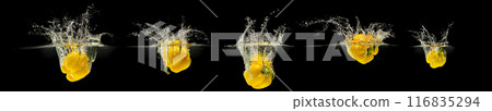 Group of fresh lemon fruits falling in water with splash on black background 116835294
