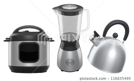 Kitchen appliances and utensils for making breakfast on white background 116835495
