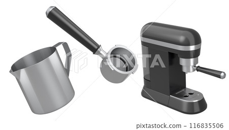 Set of coffee machine horn, pitcher cup and espresso coffee machine on white 116835506