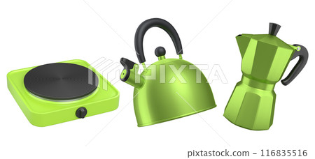 Kitchen appliances and utensils for making breakfast on white background Kitchen appliances and utensils for making breakfast on white background 116835516
