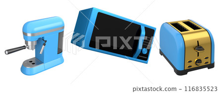 Kitchen appliances and utensils for making breakfast on white background Kitchen appliances and utensils for making breakfast on white background 116835523