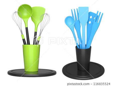 Wooden kitchen utensils, tools and equipment in holder on white background. Wooden kitchen utensils, tools and equipment in holder on white background. 116835524