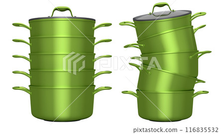 Set of stewpot, frying pan and chrome plated cookware on white background 116835532