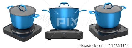 Set of Stainless steel stewpot on portable camping electric stove on white background Set of Stainless steel stewpot on portable camping electric stove on white background 116835534