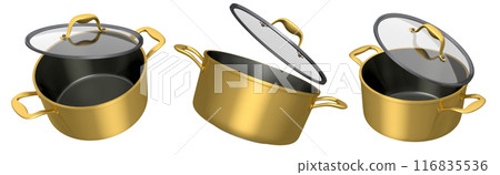 Set of stainless steel stewpot and chrome plated aluminum cookware on white background Set of stainless steel stewpot and chrome plated aluminum cookware on white background 116835536