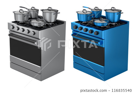 Set of kitchen utensil, stewpot, frying pan and chrome cookware hanging on shelf 116835540