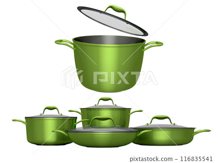 Set of stewpot, frying pan and chrome plated cookware on white background 116835541