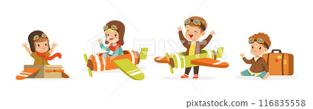 Kids in Pilot Costumes and Toy Plane Playing and Have Fun Vector Set Kids in Pilot Costumes and Toy Plane Playing and Have Fun Vector Set 116835558