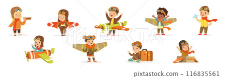 Kids in Pilot Costumes and Toy Plane Playing and Have Fun Vector Set 116835561