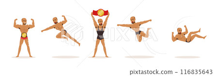 Freestyle Wrestling Fighter In Black Underwear Engaged in Violent Fight Vector Set 116835643