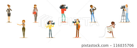 News Program Crew of Professional Cameraman And Journalist Vector Set 116835706
