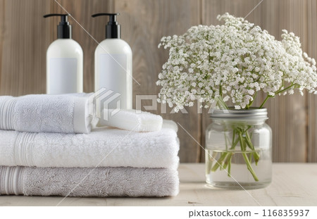 White Towels and Flowers on Wooden Background 116835937