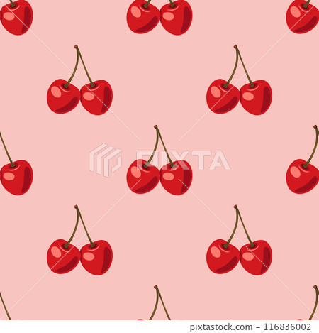 Vector Seamless Pattern with Adorable Cherry Couple on Pink Background. Cute Cherries for Valentine s Day, Love, Romance Concept 116836002