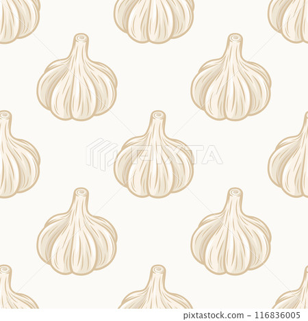 Vector Seamless Pattern with Hand Drawn Garlic Bulb on White Background. Vegetable Vector Illustration. Whole Garlic Head in Flat Style. Seasoning Spice and Food Design Element 116836005