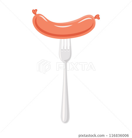 Vector Flat Sausage and Fork Closeup Isolated on a White Background. Cartoon Sausage Design Template, Outline Color Illustration 116836006