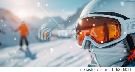 Close Up Of Skier's Goggles On Snowy Mountain 116836031