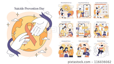 Suicide Prevention Day set. Awareness and mental health support through various means. Global assistance, training workshops, digital tools. Vector illustration. Suicide Prevention Day set. Awareness and mental health support through various means. Global assistance, training workshops, digital tools. Vector illustration. 116836082
