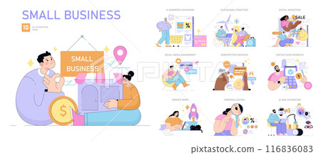 Small Business set. The journey from launch to market growth and online presence. Cash flow management, e-commerce, digital marketing strategies. Vector illustration. Small Business set. The journey from launch to market growth and online presence. Cash flow management, e-commerce, digital marketing strategies. Vector illustration. 116836083