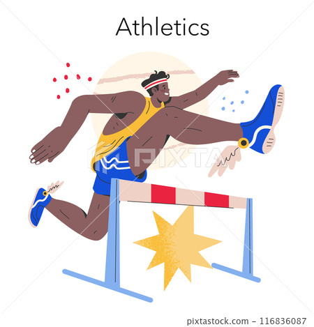 Olympic Games concept. An athlete in mid-action hurdling over a barrier captures the dynamic nature of track and field events. Athletic competition and determination. Vector illustration. Olympic Games concept. An athlete in mid-action hurdling over a barrier captures the dynamic nature of track and field events. Athletic competition and determination. Vector illustration. 116836087