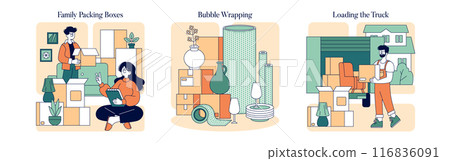 Relocation process set. Family organizing belongings, securely bubble wrapping items, and loading boxes into a truck. Seamless transition to new home. Vector illustration. 116836091