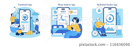 Health Apps concept. Fitness enthusiasts use mobile applications for nutrition tracking, sleep analysis, and hydration monitoring. Daily wellness technology. Vector illustration. Health Apps concept. Fitness enthusiasts use mobile applications for nutrition tracking, sleep analysis, and hydration monitoring. Daily wellness technology. Vector illustration. 116836098