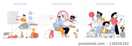 Education concept set. Engaging edutainment, precise learning analytics, and holistic educational approaches. Seamless integration of play, study, and technology. Vector illustration. Education concept set. Engaging edutainment, precise learning analytics, and holistic educational approaches. Seamless integration of play, study, and technology. Vector illustration. 116836102