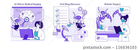 AI in Healthcare set. Robots aid in medical imaging, drug discovery, and surgery. Advancement of technology in diagnosing and treatment. Vector illustration. AI in Healthcare set. Robots aid in medical imaging, drug discovery, and surgery. Advancement of technology in diagnosing and treatment. Vector illustration. 116836103