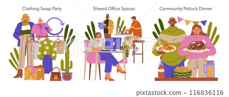 Illustration depicting community events with a clothing swap party, shared office space, and community potluck dinner. Illustration depicting community events with a clothing swap party, shared office space, and community potluck dinner. 116836116