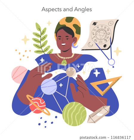 Natal Chart concept. An astrologer interprets cosmic relationships with planets and symbols. Astrological guidance, zodiac signs, and celestial mapping. Vector illustration. Natal Chart concept. An astrologer interprets cosmic relationships with planets and symbols. Astrological guidance, zodiac signs, and celestial mapping. Vector illustration. 116836117