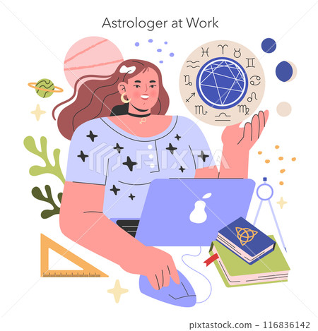 Astrologer at work concept. An astrologer uses a laptop and astrological tools to analyze a natal chart. Exploration of zodiac signs and planets. Vector illustration. Astrologer at work concept. An astrologer uses a laptop and astrological tools to analyze a natal chart. Exploration of zodiac signs and planets. Vector illustration. 116836142