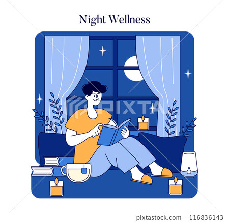 Night Wellness concept. Cozy evening routine with reading, tea, and candles. Relaxing home atmosphere for self-care. Vector illustration. Night Wellness concept. Cozy evening routine with reading, tea, and candles. Relaxing home atmosphere for self-care. Vector illustration. 116836143