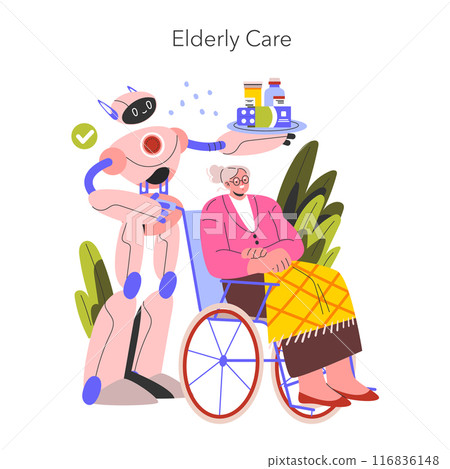 Robot Assistant concept. A futuristic caregiver robot aids an elderly woman, illustrating the blend of technology and senior care. Vector illustration. 116836148